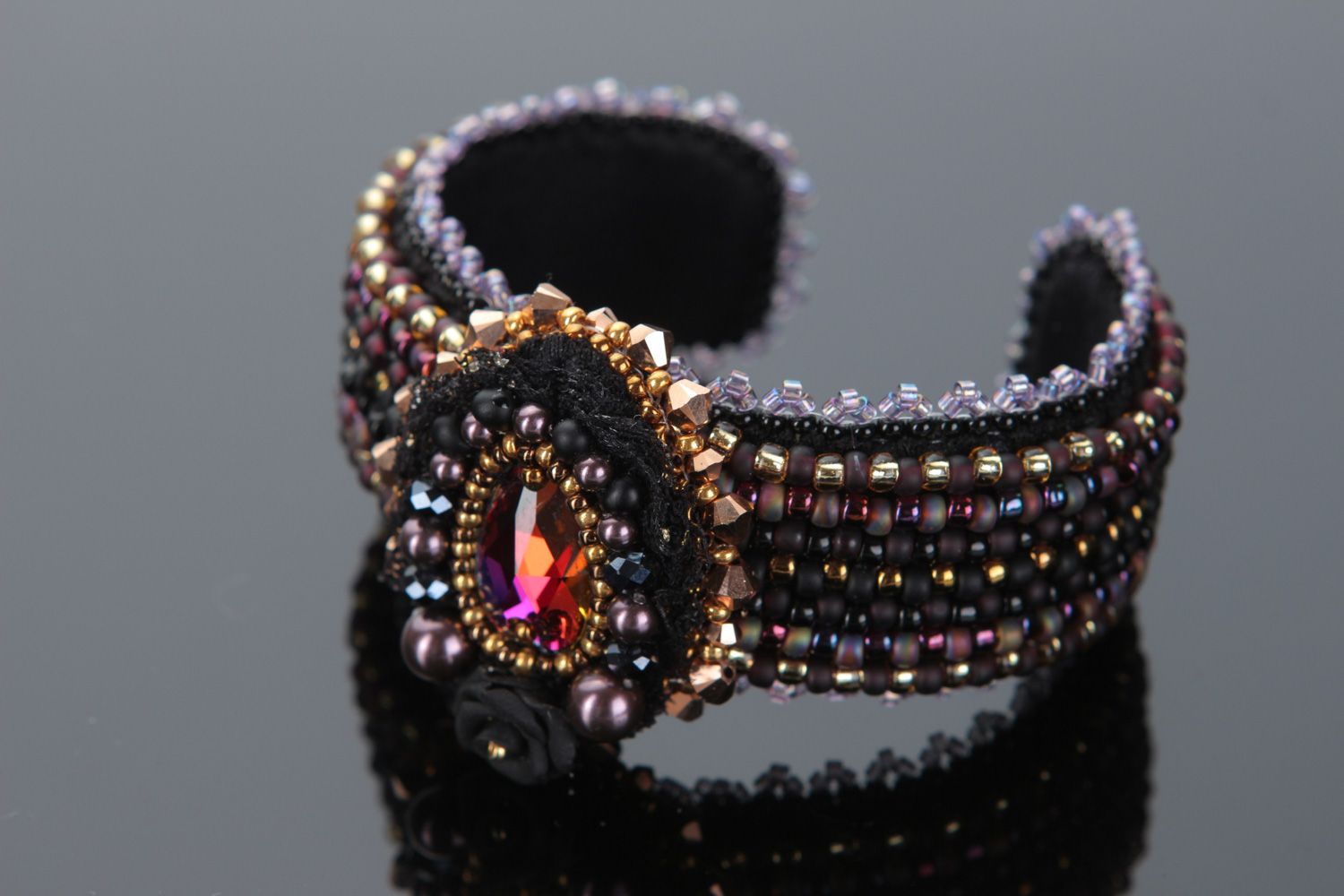 Elegant handmade wrist bracelet embroidered with beads and crystals for ladies photo 1
