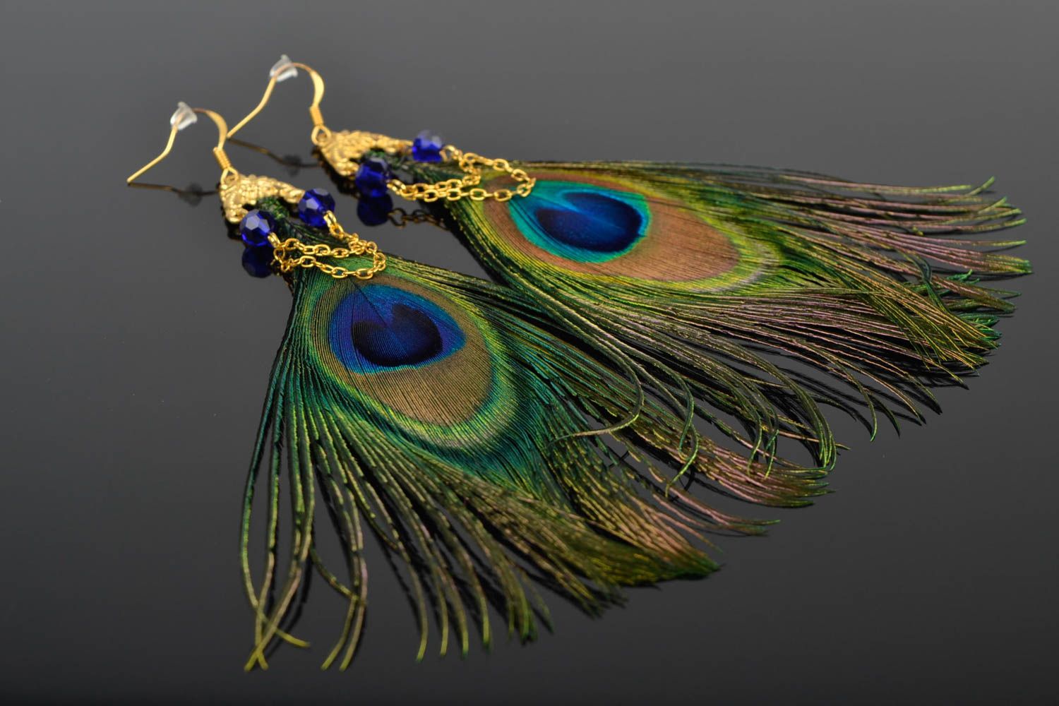 Handmade peacock feather earrings stylish bijouterie unique present for woman photo 1