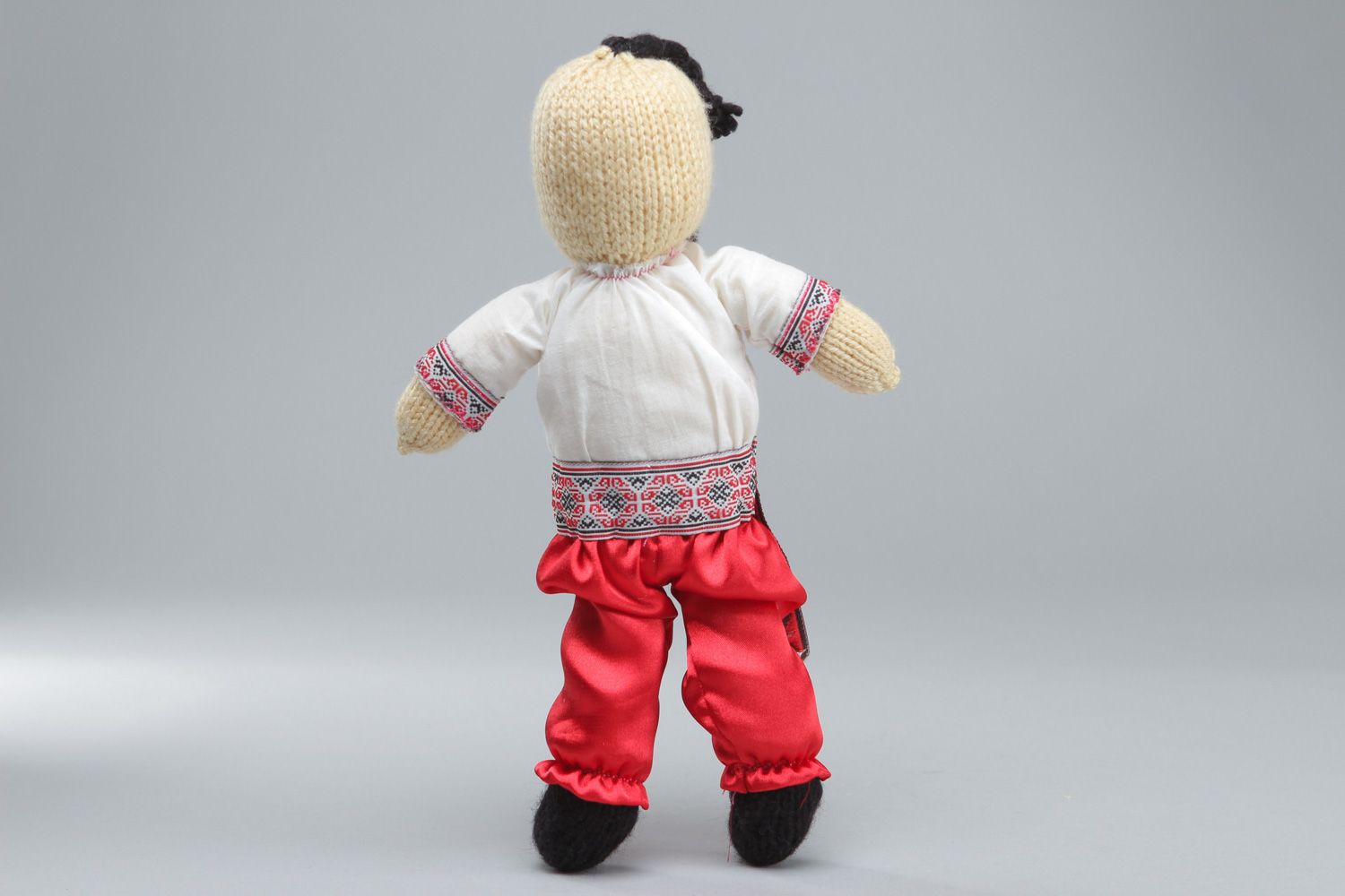 Handmade acrylic knit soft toy Cossack in embroidered shirt and bloomers photo 3