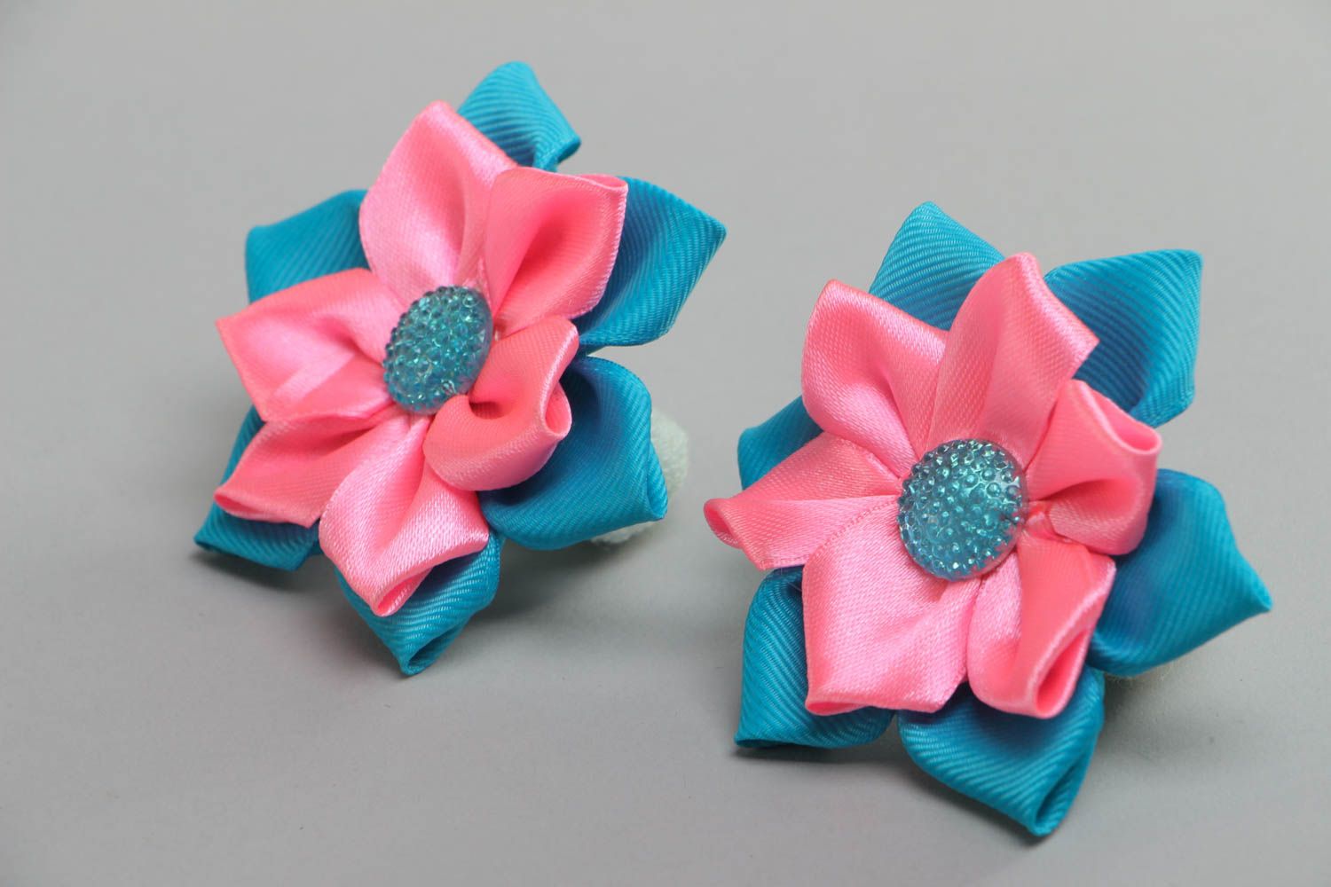 Handmade set of scrunchies made of satin ribbons pink-blue flowers 2 pieces photo 2