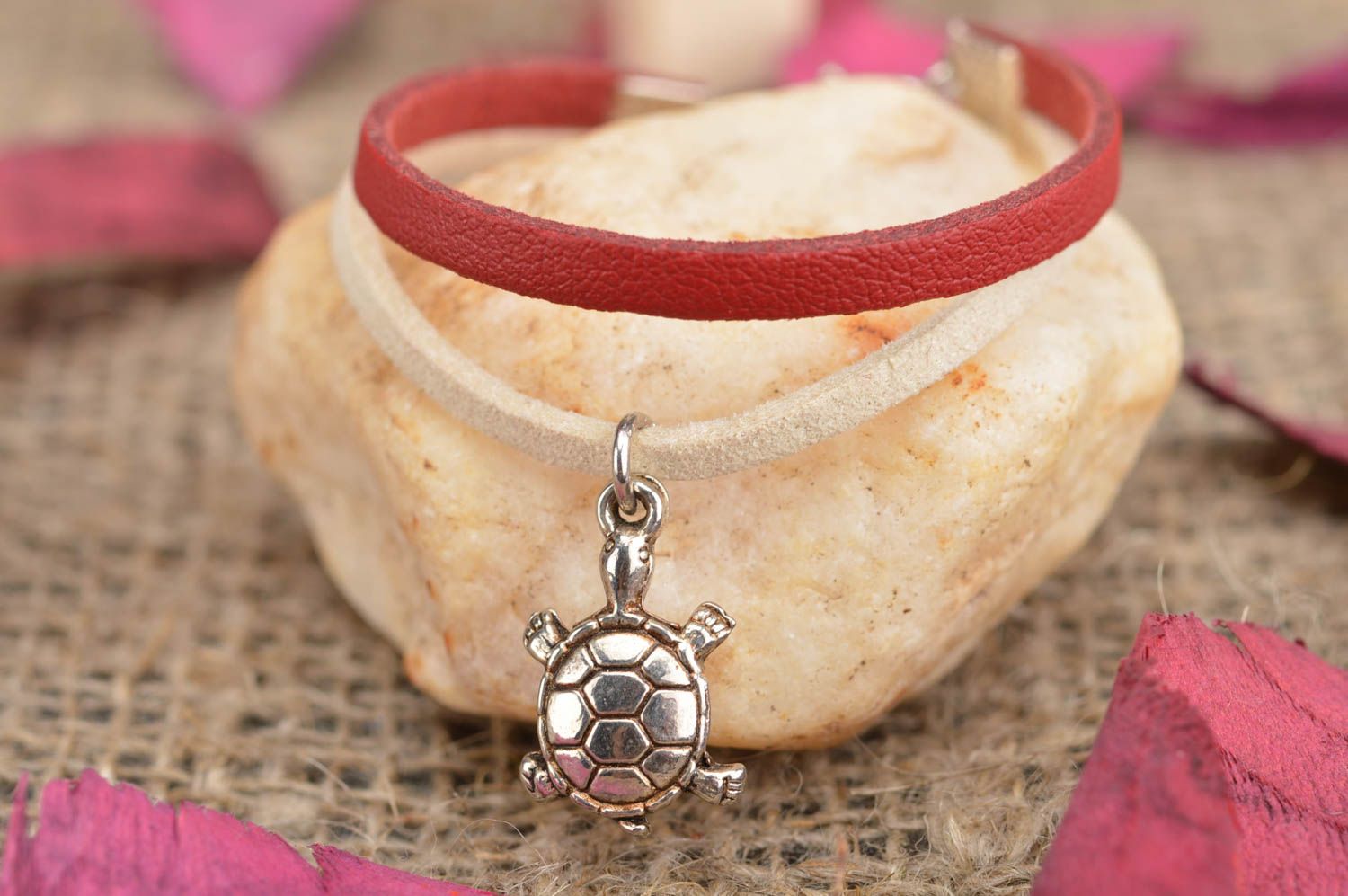 Handmade red and white leather wrist bracelet with turtle charm for kids photo 1