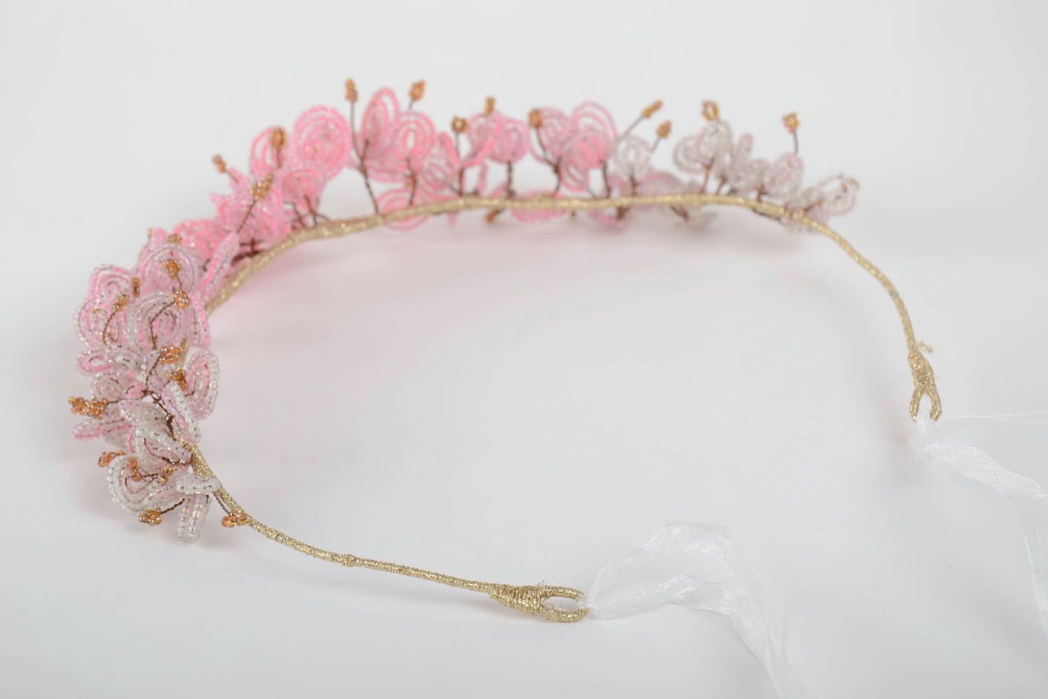 Handmade decorative thin headband with tender pink beaded flowers with ribbon photo 5