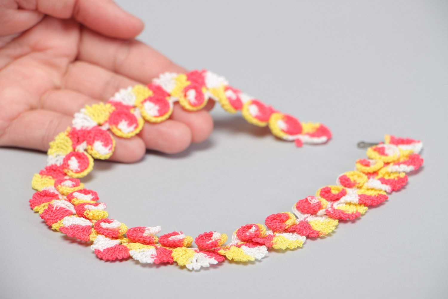 Handmade necklace crocheted of cotton pink and yellow color-blend threads  photo 5