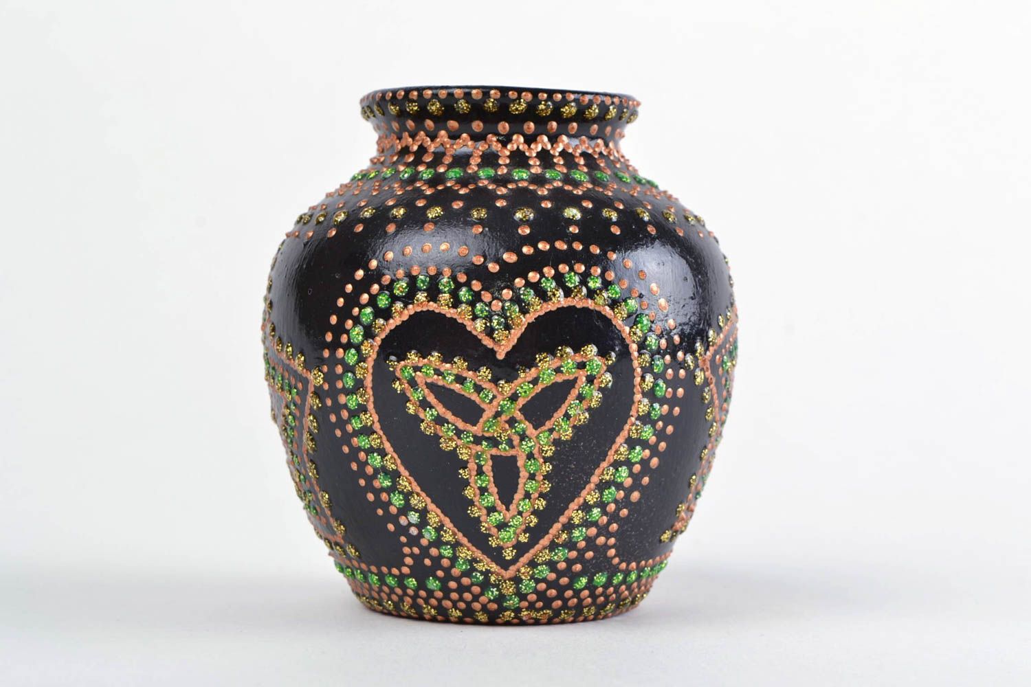 Глиняная ваза расписанная акрилом покрытая лаком ручной работы черная с узором фото 3