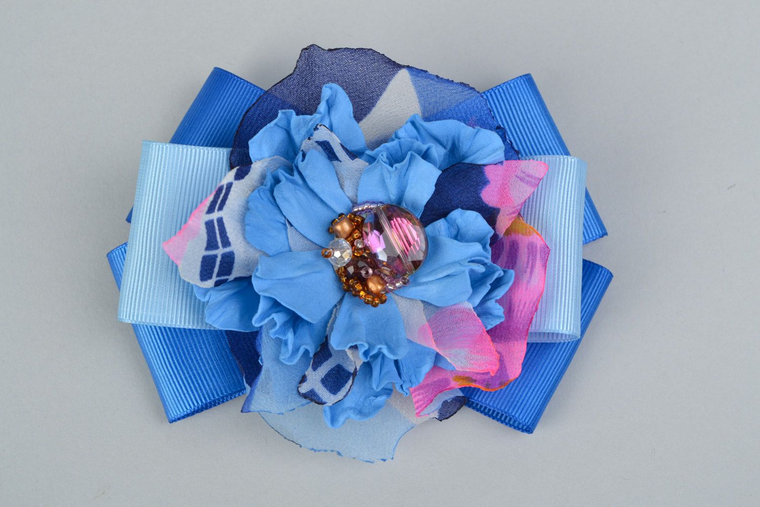 Blue handmade foamiran and ribbon brooch hair clip in the shape of bow with flower photo 5