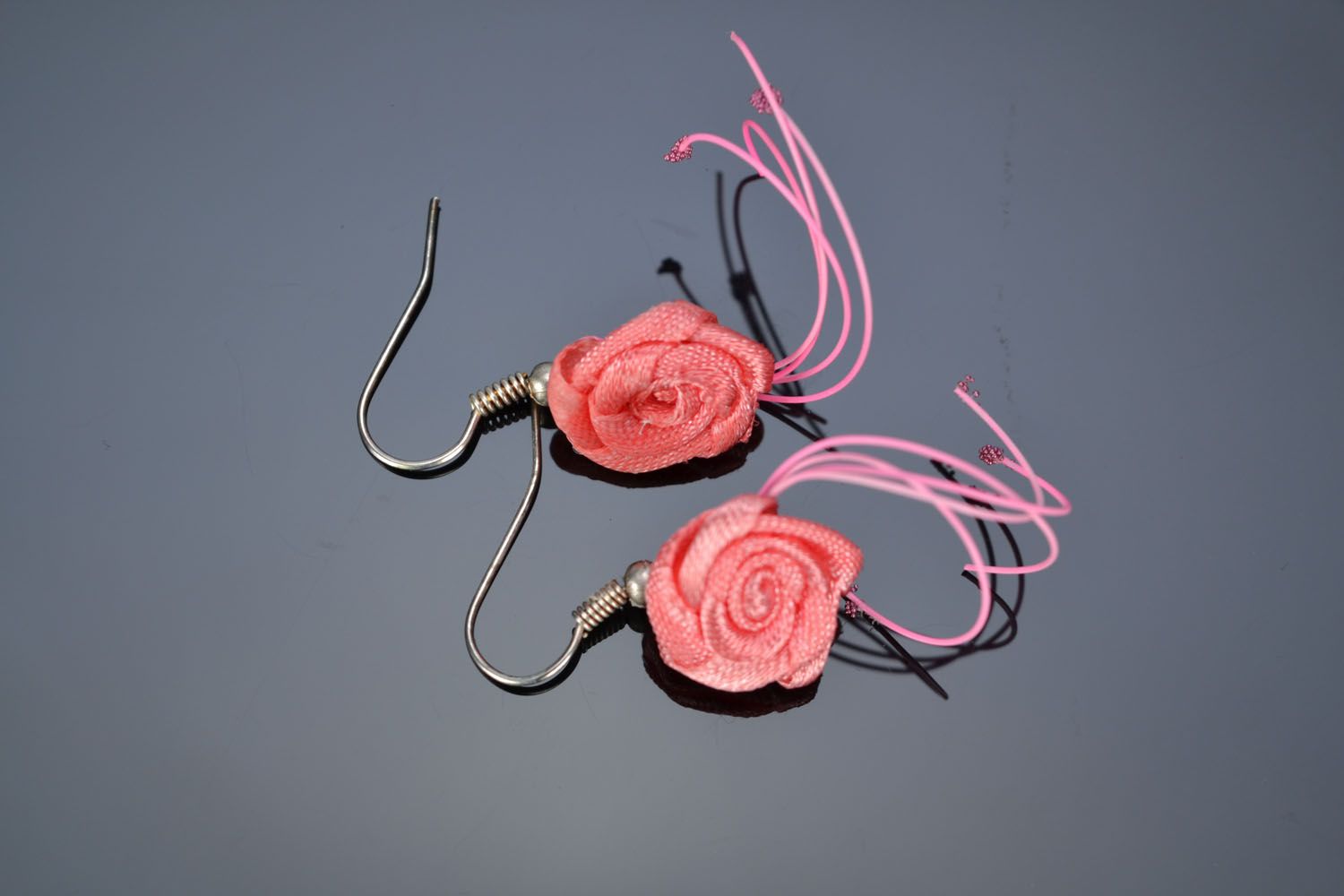 Earrings made of satin ribbons Roses photo 1