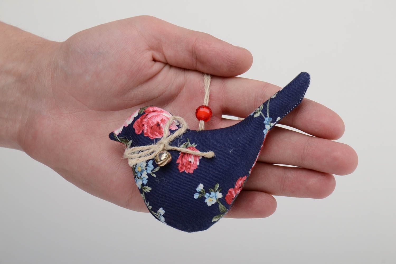 Dark handmade designer cotton dabric soft interior pendant toy bird with bead photo 5