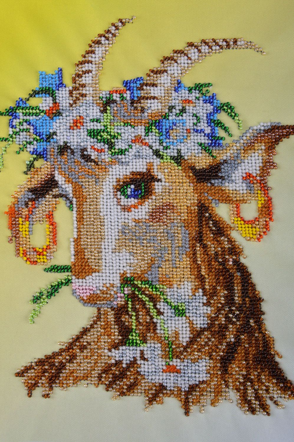 Cute handmade wall picture embroidered with beads without frame Pretty Goat photo 1
