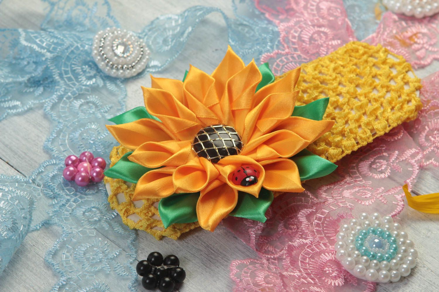 Оригинальная детская повязка для волос с цветком ручной работы Подсолнух фото 1