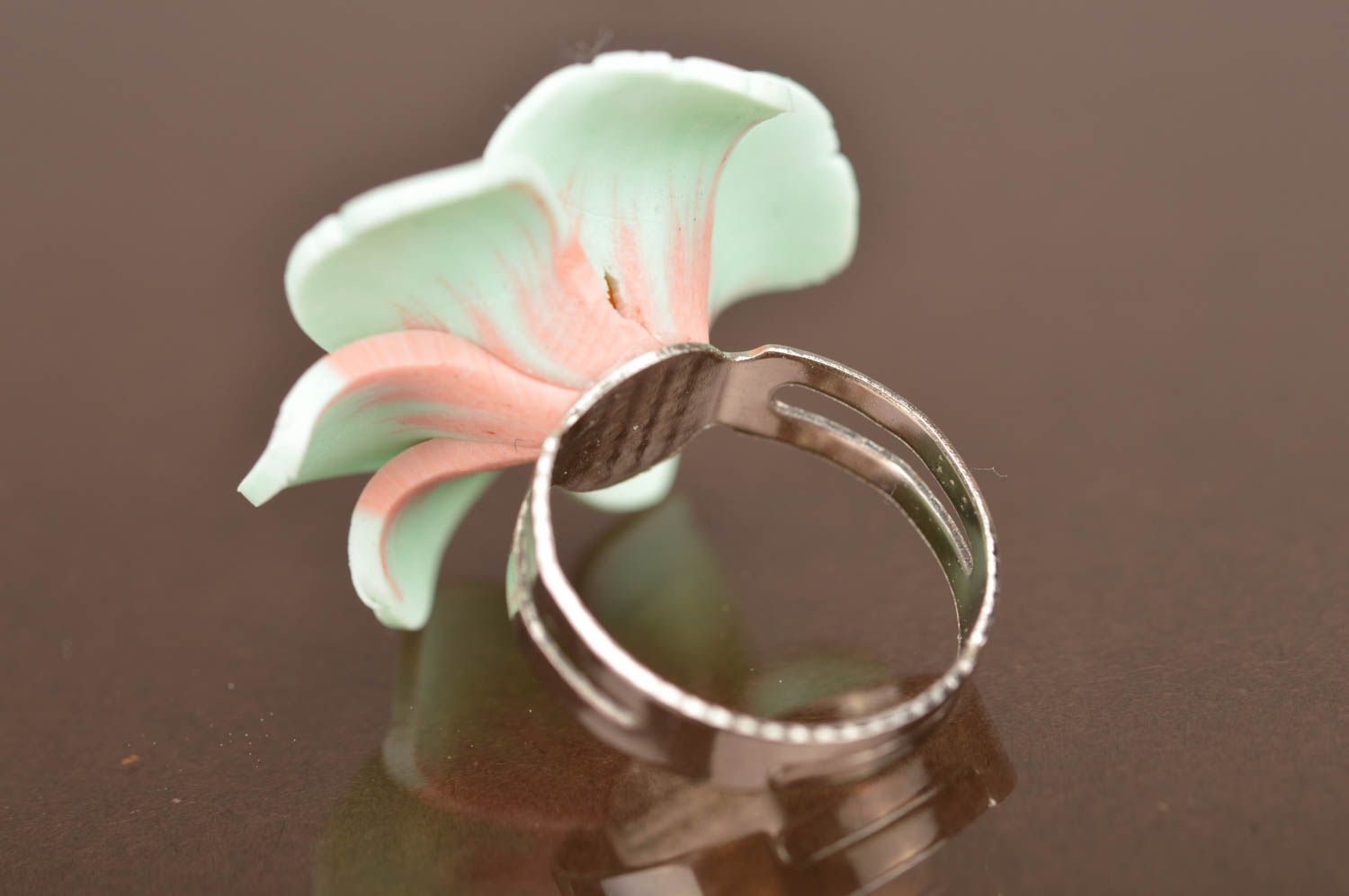 Handmade designer women's seal ring with tender blue polymer clay volume flower photo 3