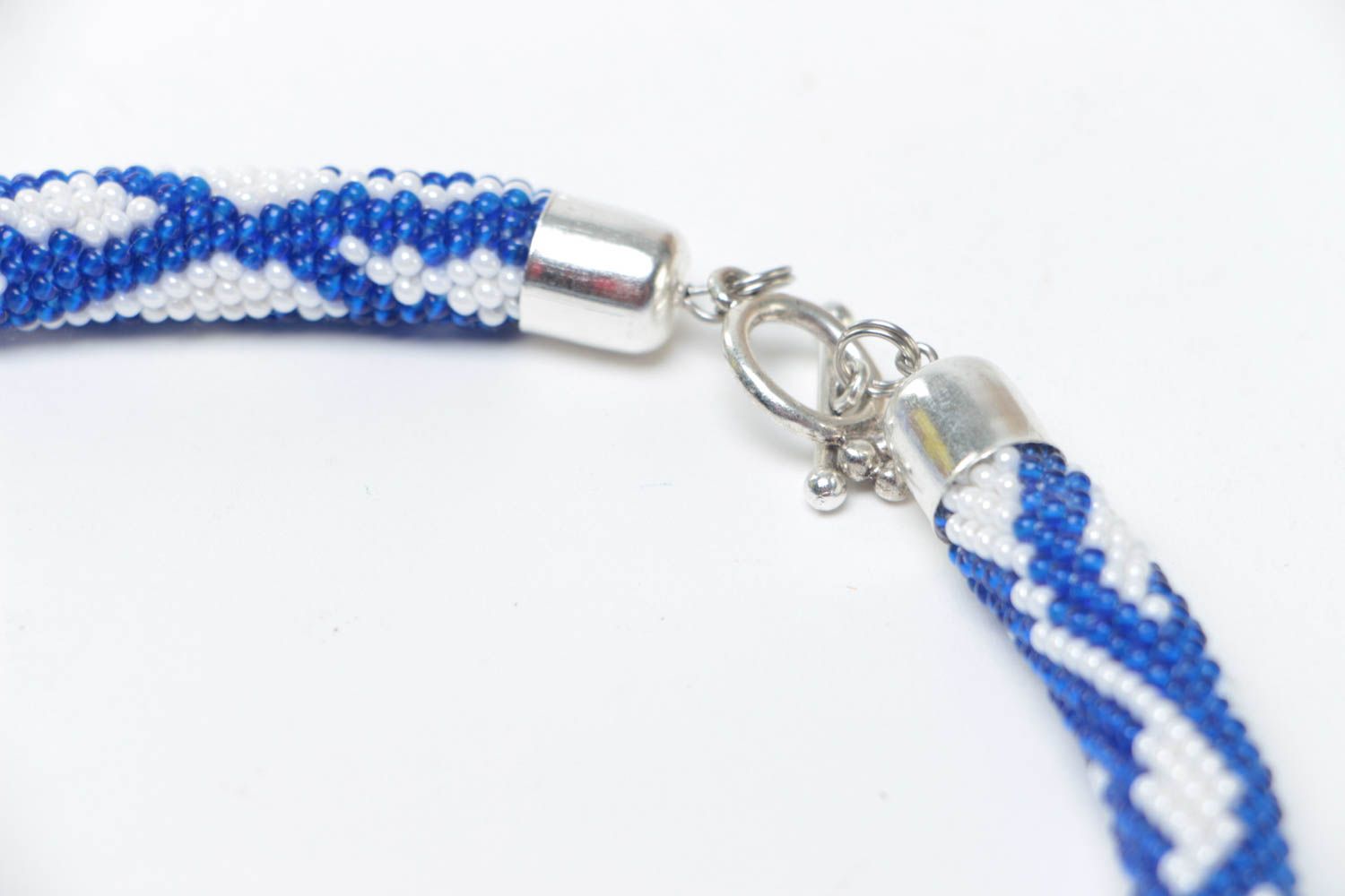 Beautiful handmade designer woven beaded cord necklace white with blue pattern photo 4