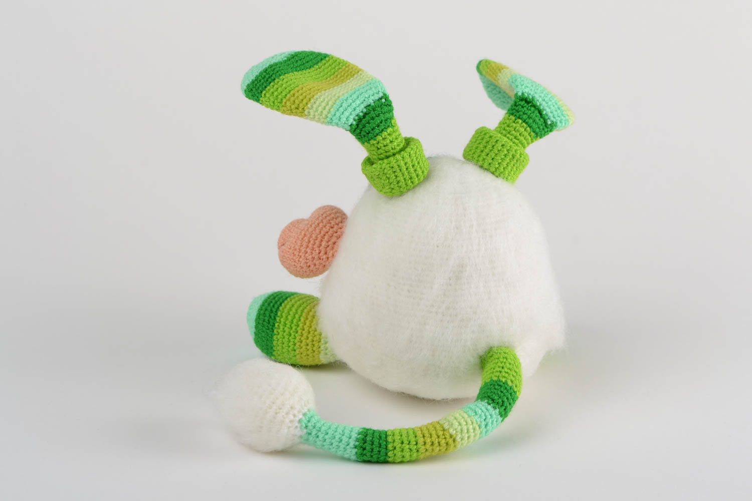 Handmade designer soft toy crocheted of acrylic threads green striped rabbit photo 5