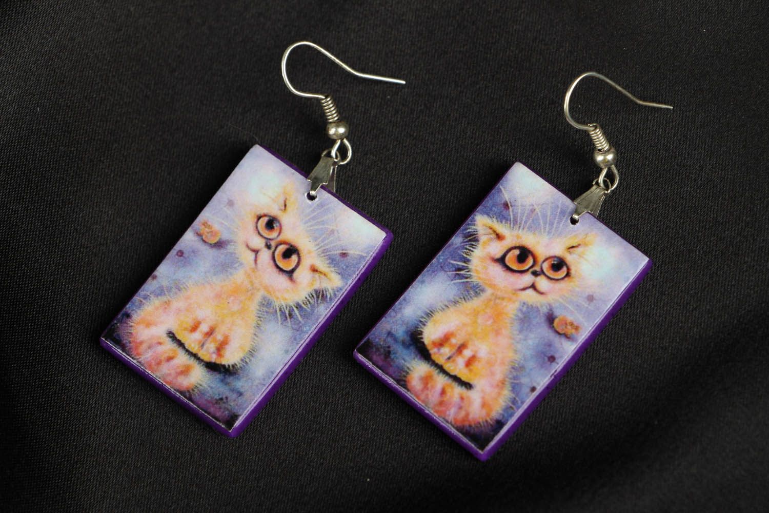 Polymer clay earrings with the image of a kitten photo 1