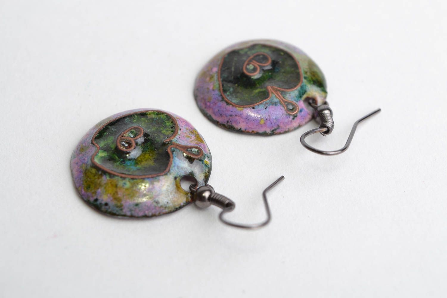 Handmade round violet enameled copper dangling earrings with apples images photo 4