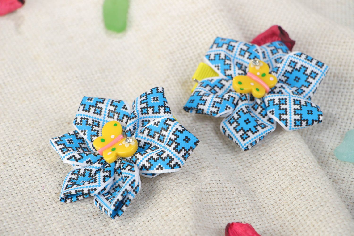 Bright blue handmade children's textile hair bows set 2 pieces photo 1