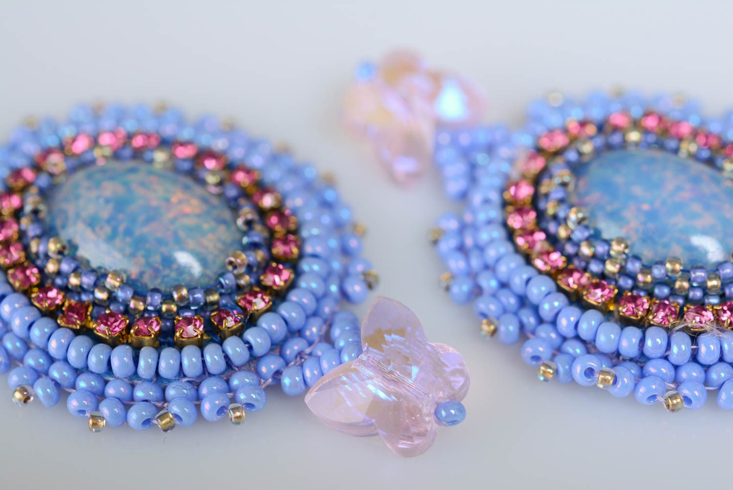 Designer beaded earrings with natural stones handmade oval stylish accessory photo 2