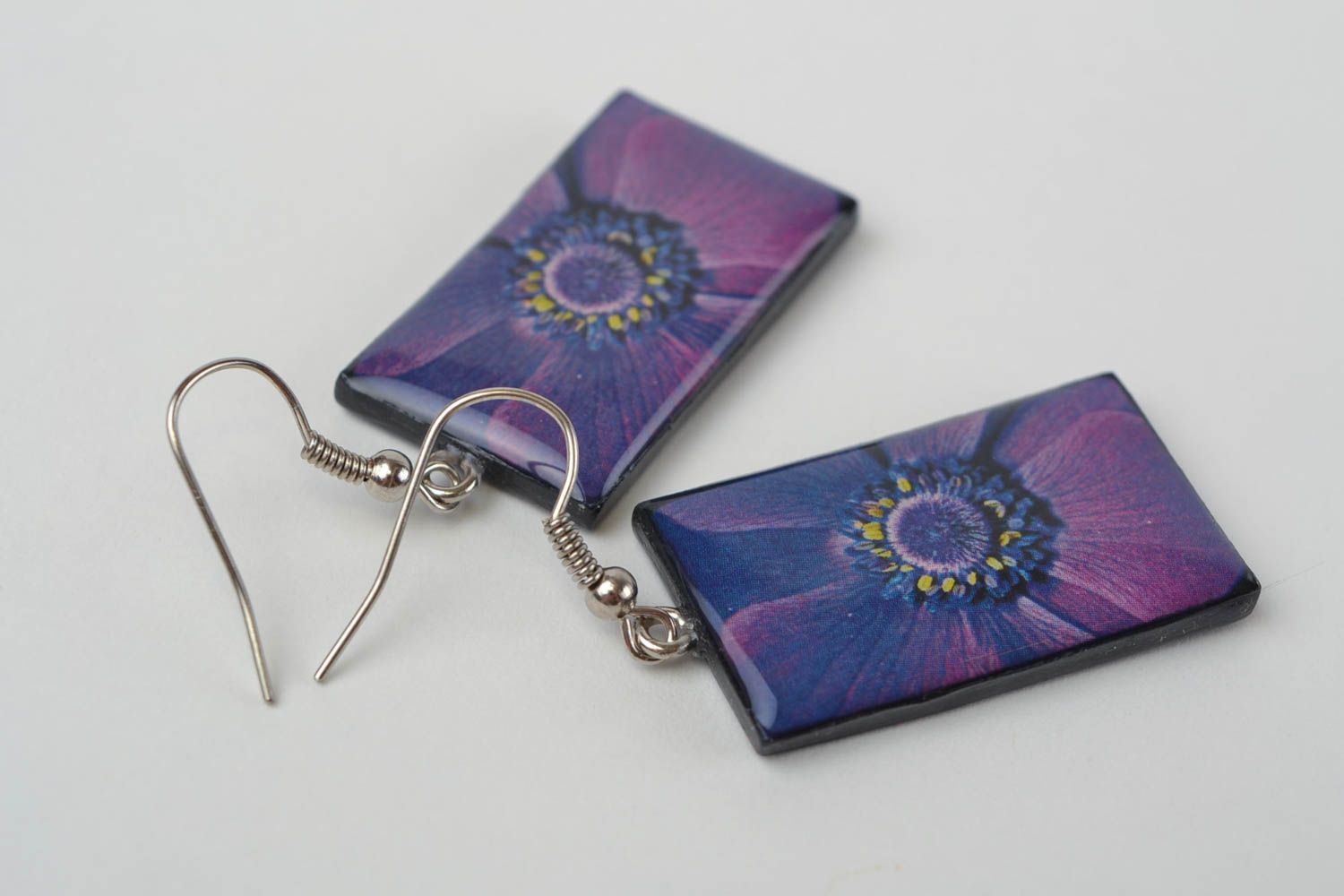 Beautiful handmade rectangular violet plastic earrings with decoupage photo 5
