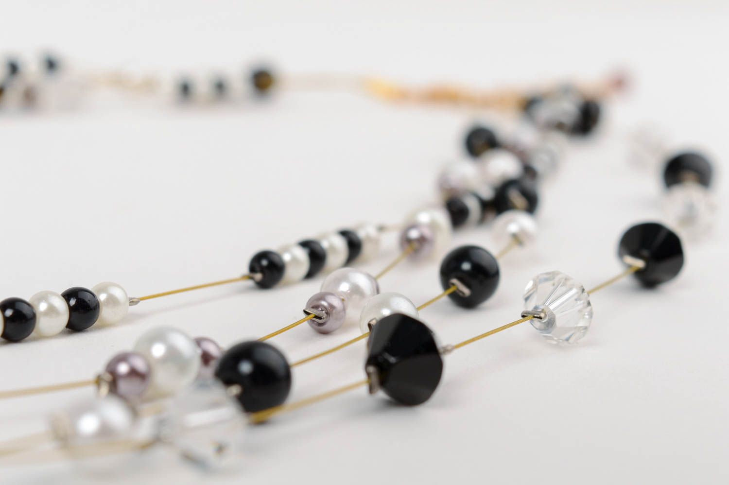 Handmade multi row black white necklace with ceramic pearls and Czech crystal photo 4
