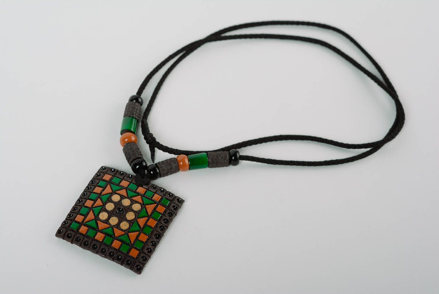 Handmade square ceramic pendant painted with enamel on long cord stylish jewelry photo 1