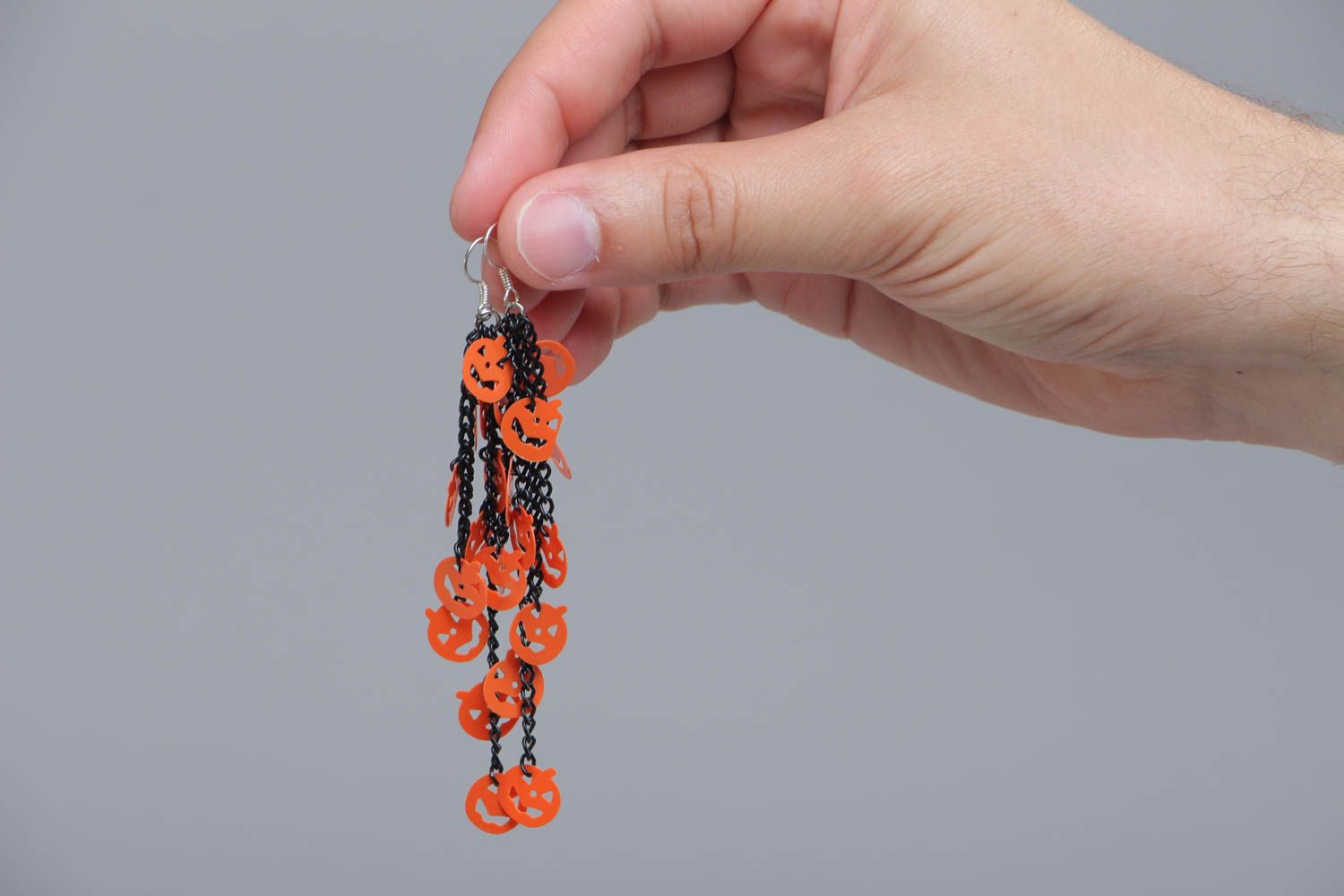 Metal handmade long designer earrings decorted with halloween pumpkins photo 5