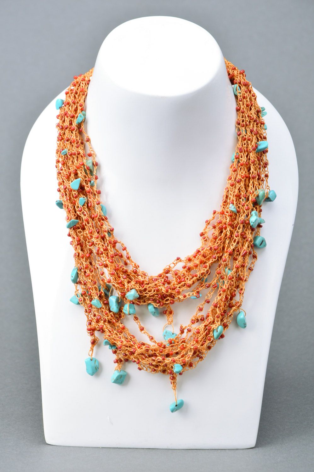 Unusual multi-row handmade ginger necklace woven of Czech beads and blue coral photo 1