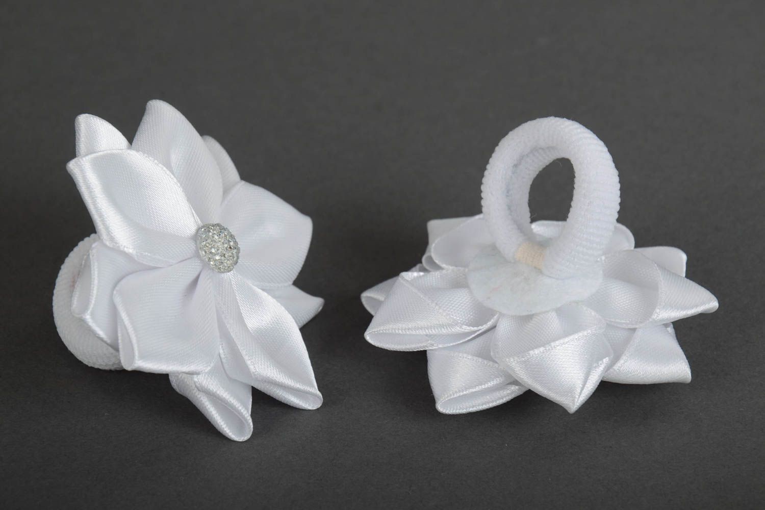 Set of 2 designer festive hair ties with handmade white ribbon kanzashi flowers photo 5