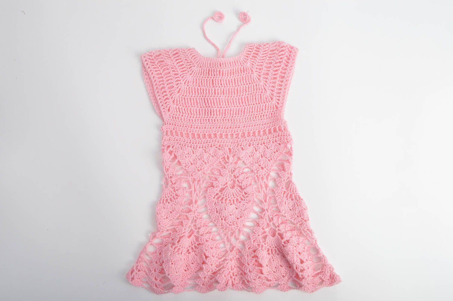 Robe tricotée pour fillette faite main rose clair en fils de coton au crochet photo 2