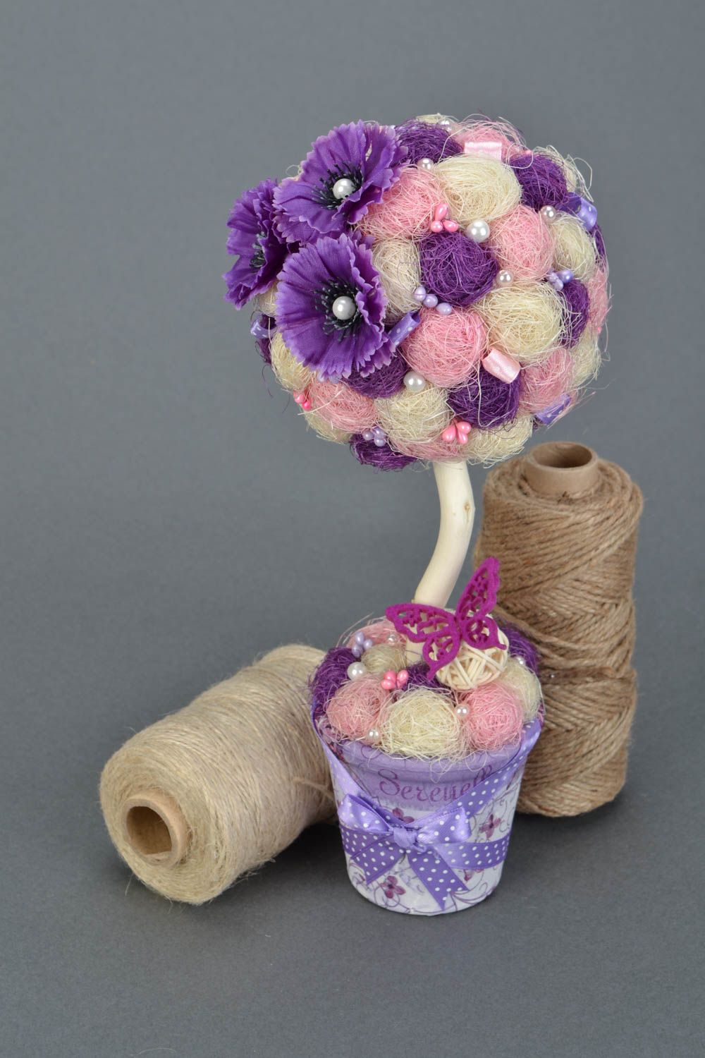 Handmade decorative tree topiary with flowers and beads in violet color palette photo 1