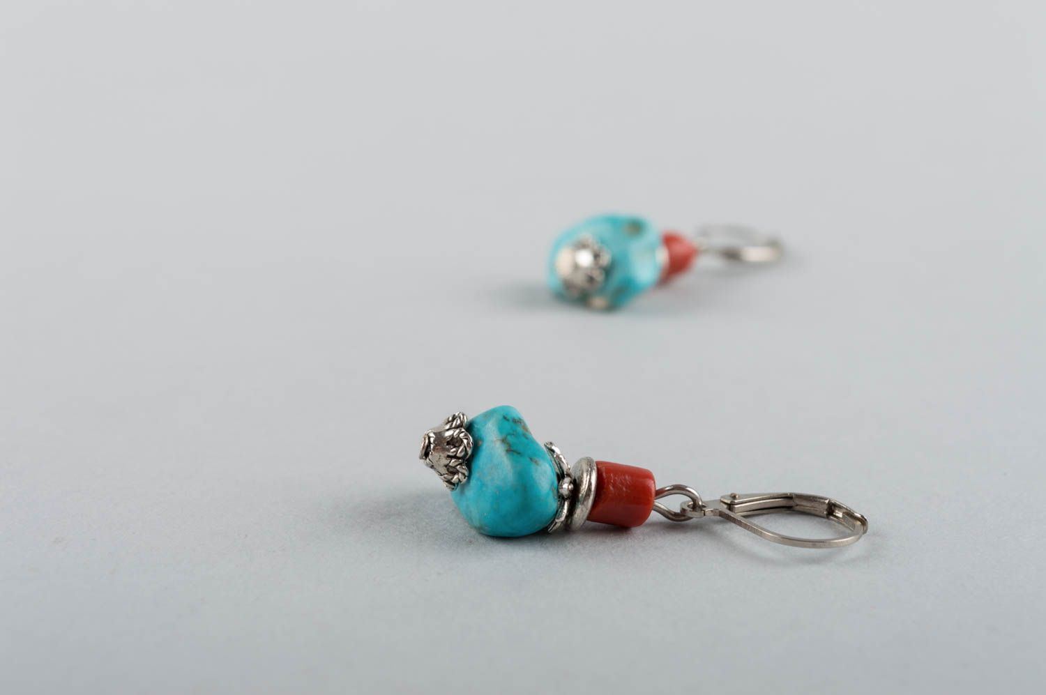 Small handmade designer brass earrings with turquoise and coral stone beads photo 5