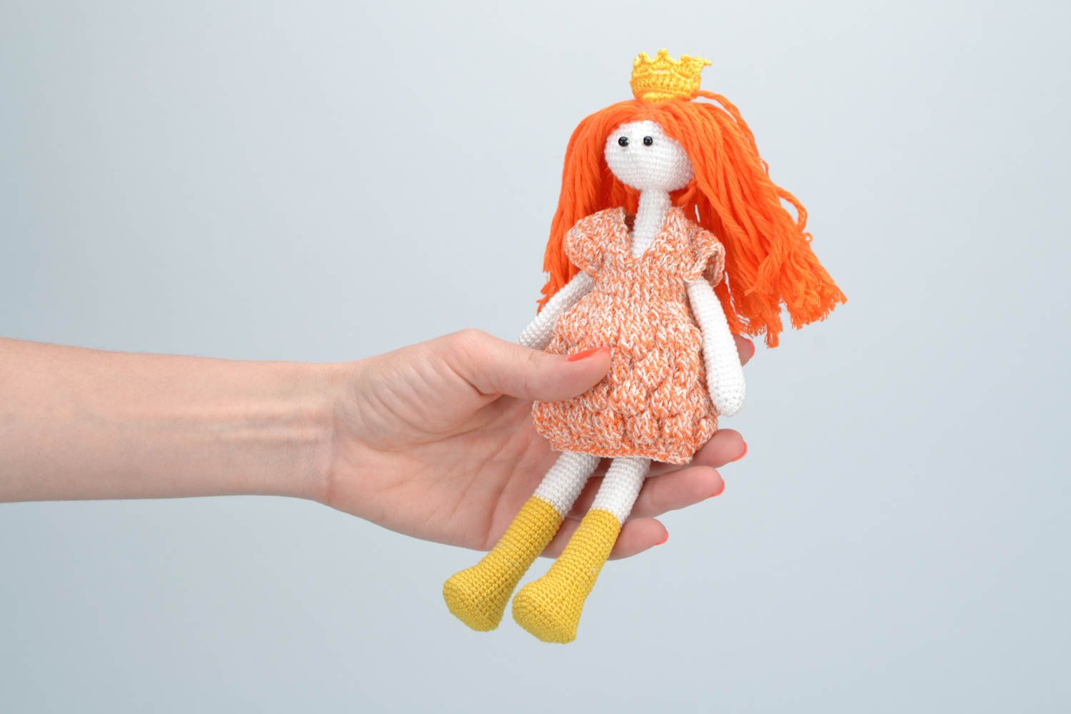 Beautiful small handmade crochet soft doll with red hair and crown photo 2
