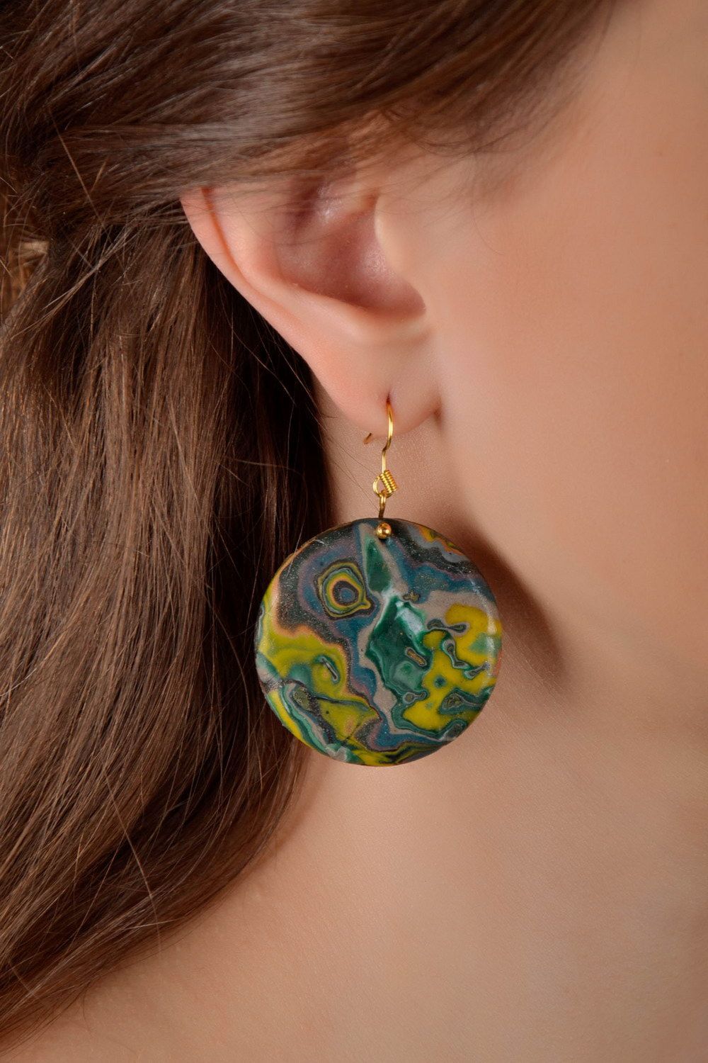 Round dangle earrings made of polymer clay Stains photo 4