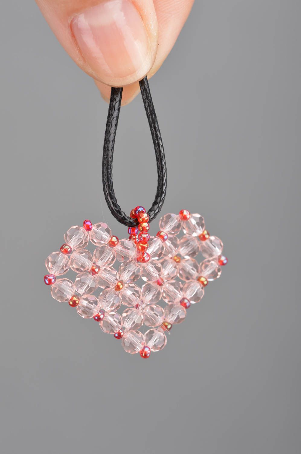 Kristall Anhänger Herz mit Glasperlen in Rosa auf Schnur handgemacht für Damen foto 3