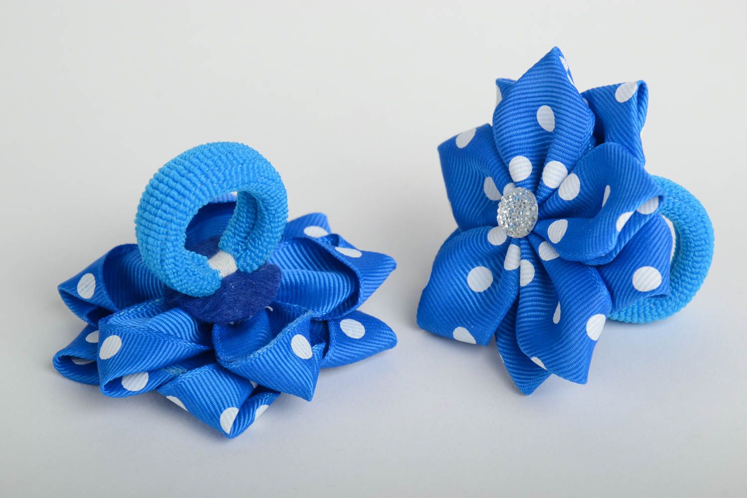 Set of 2 designer homemade hair ties with blue and white polka dot flowers photo 5