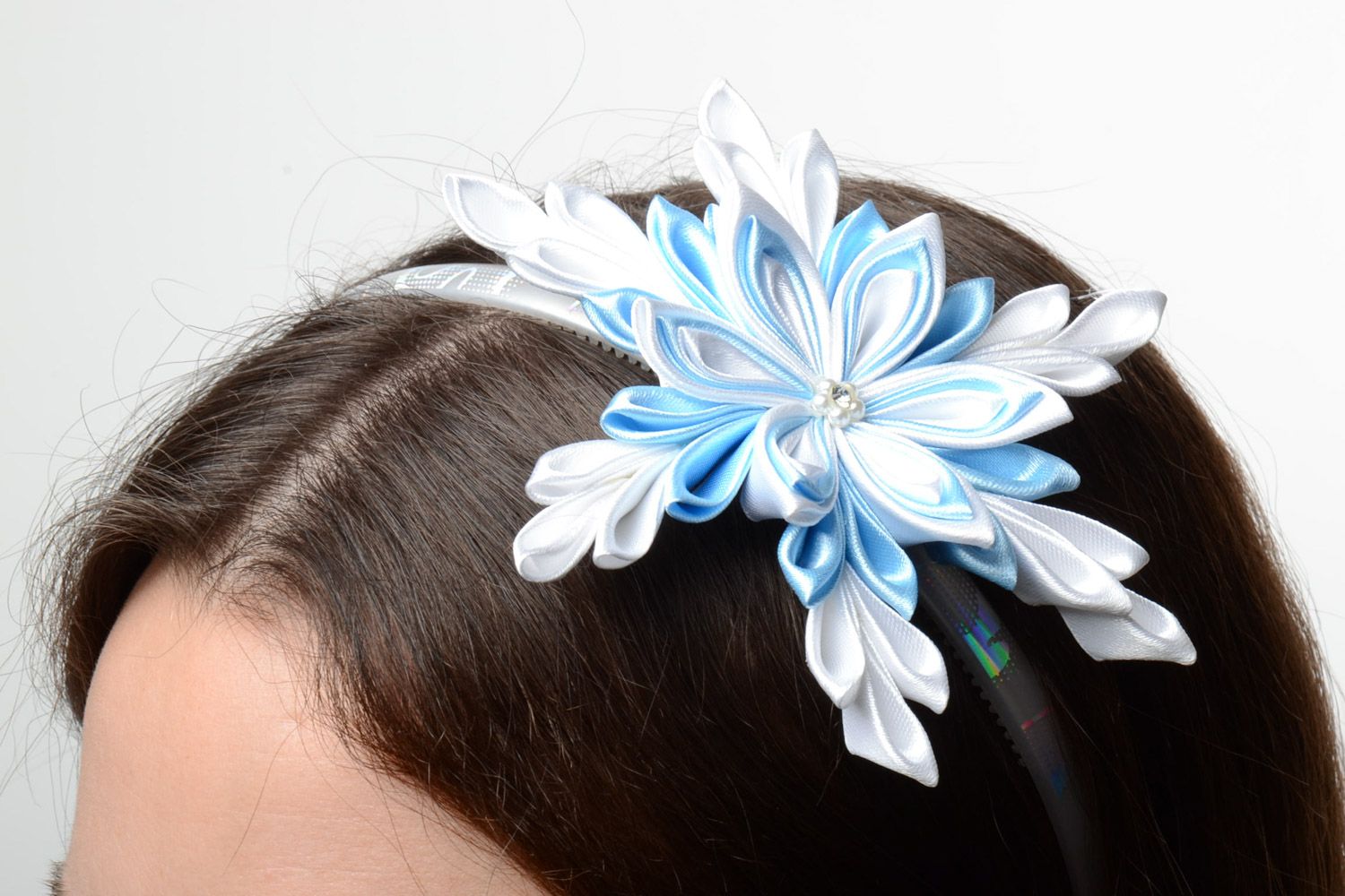 Festive headband with white and blue flower hand made of satin ribbons  photo 5