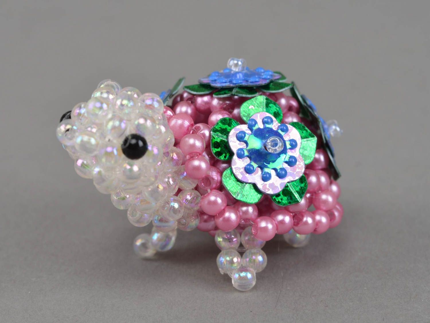 Small handcrafted designer pink beaded figurine of turtle for interior decor photo 2