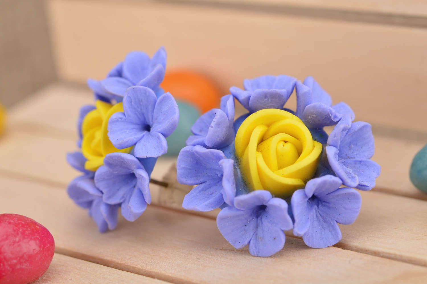 Handmade designer stud earrings with polymer clay violet and yellow flowers photo 1