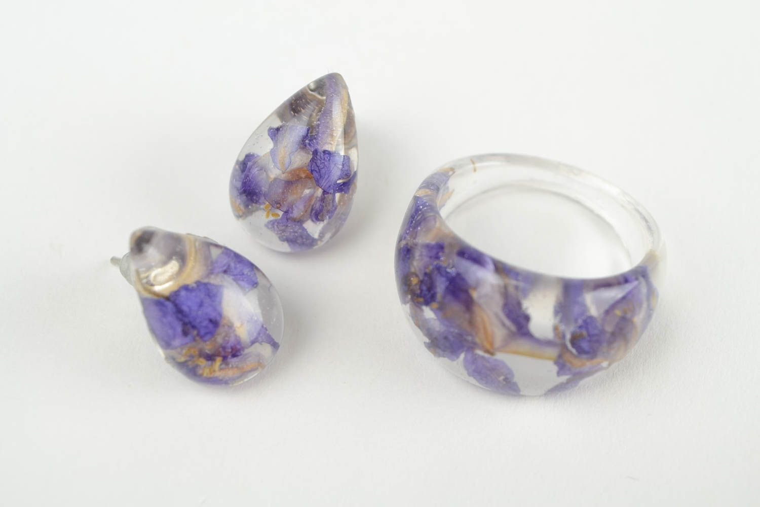 Кольцо ручной работы модные серьги бижутерия из эпоксидной смолы фиолетовые фото 4