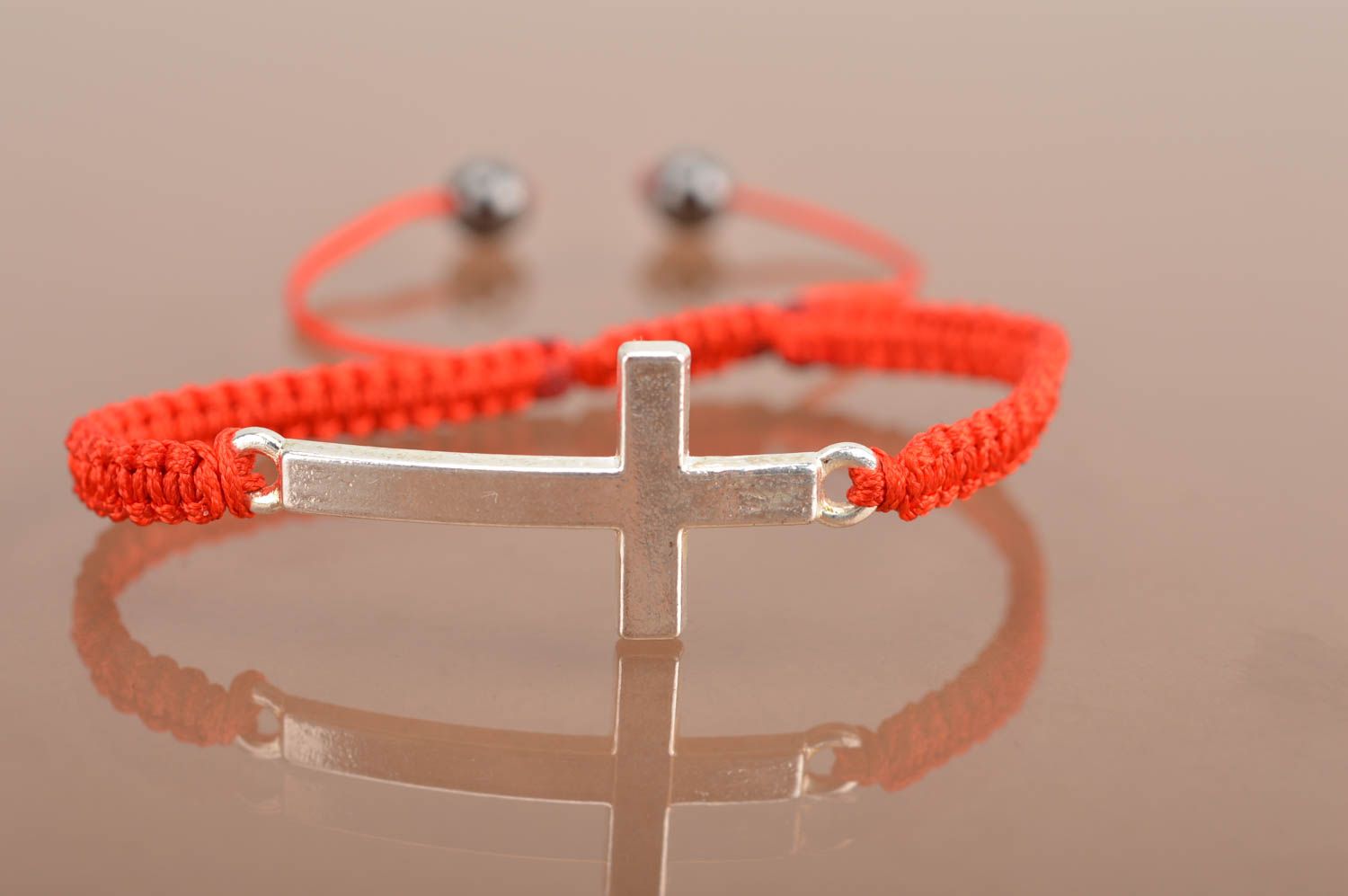 Textile stylish unusual accessory woven wrist bracelet with metal cross photo 2