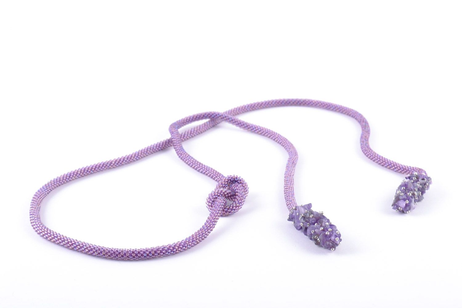 Handmade violet beautiful women's necklace woven of beads and natural amethyst photo 5