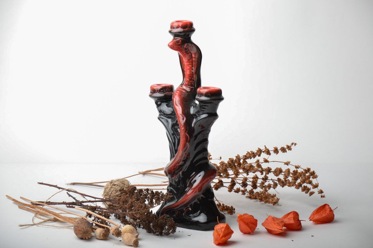 Clay candlestick painted with glaze photo 1