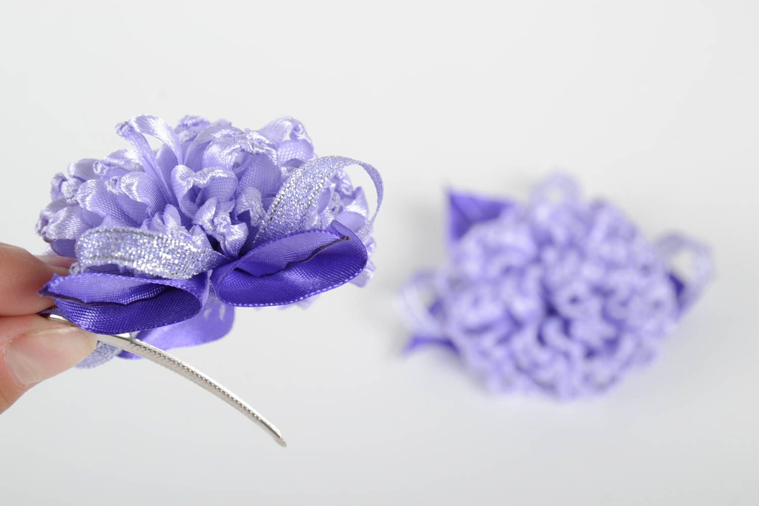 Handmade satin ribbon hair clips flower barrettes hair accessories set 2 pieces photo 5