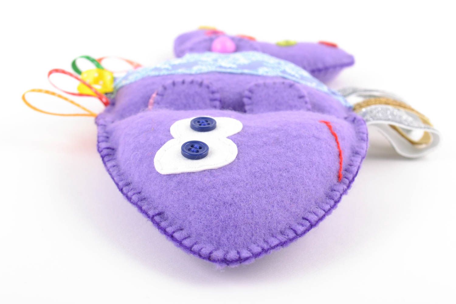Bright violet handmade educational felt toy in the shape of unusual fish photo 2