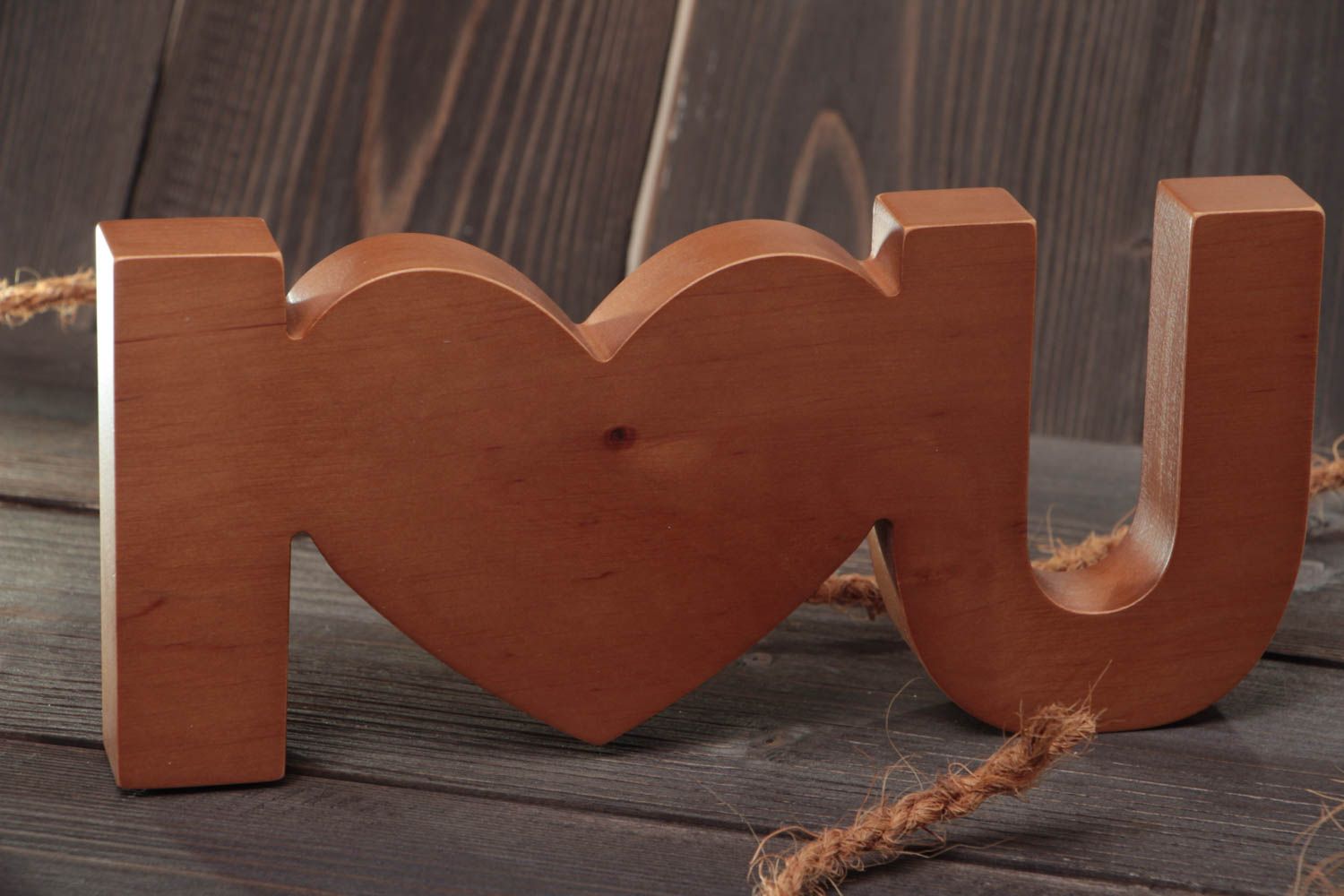 Handmade decorative wooden lettering I Love You of brown color for interior  photo 1