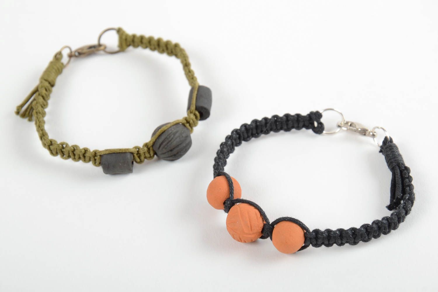 Set of 2 handmade braided cord bracelets with ceramic beads designer jewelry photo 6