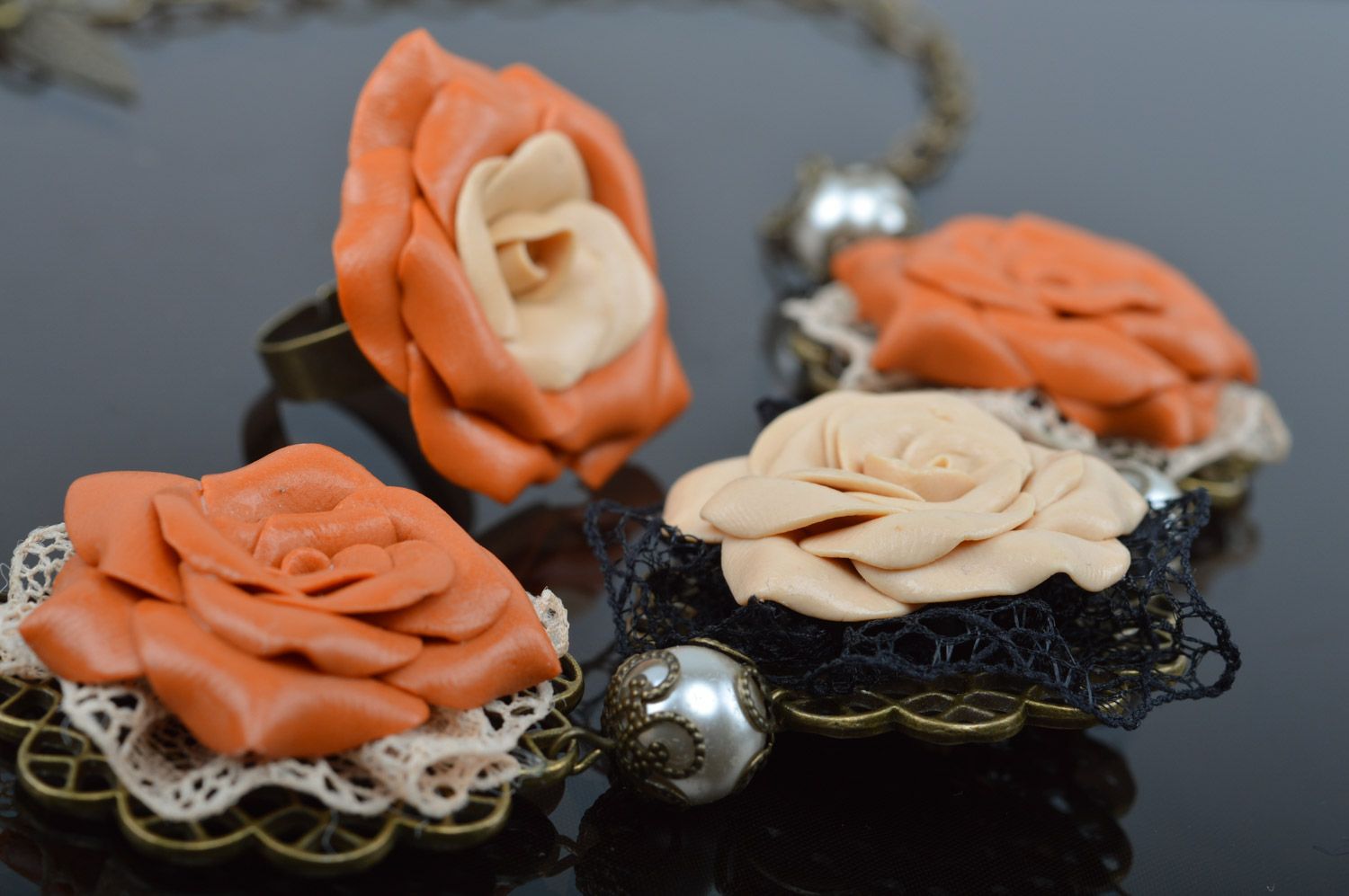 Unusual handmade polymer clay flower jewelry set 2 items necklace and ring photo 2