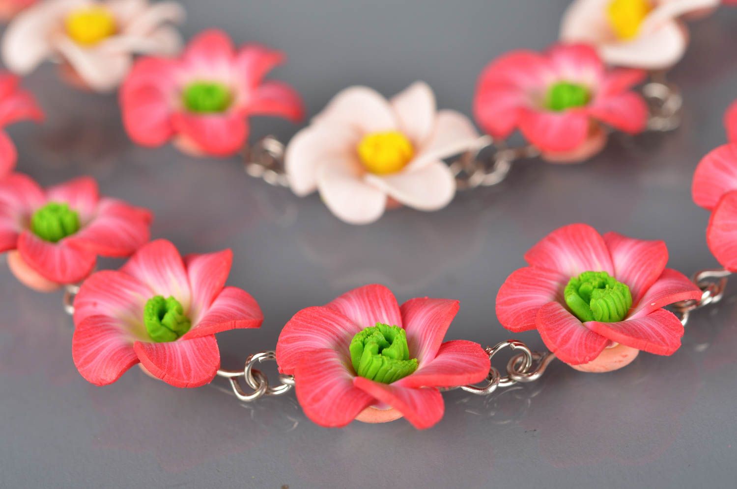 Set of 2 handmade designer wrist bracelets with polymer clay flowers Pink photo 4