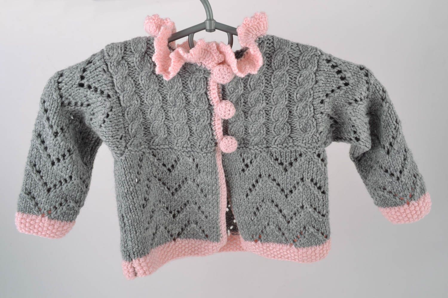 Handmade knitted wool coat for baby gray with pink elegant warm clothes for child photo 1