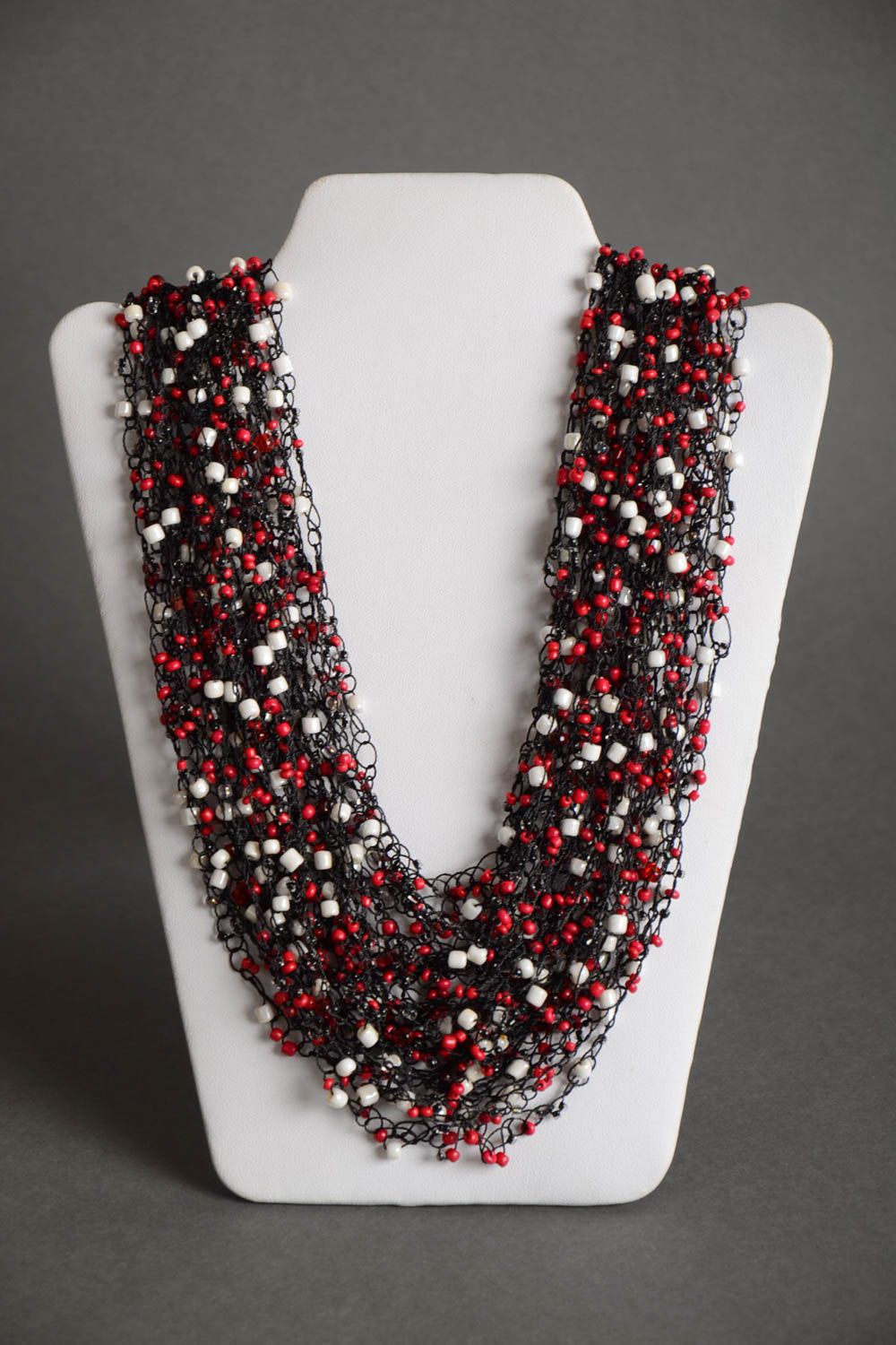 Handmade volume airy necklace crocheted of beads in white red and black colors photo 2