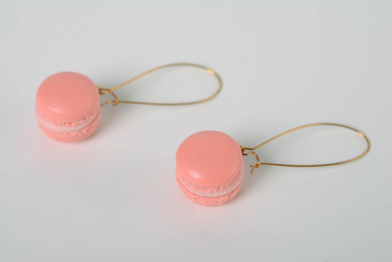 Handmade polymer clay dangling earrings pink macaroons  with long ear wires photo 1