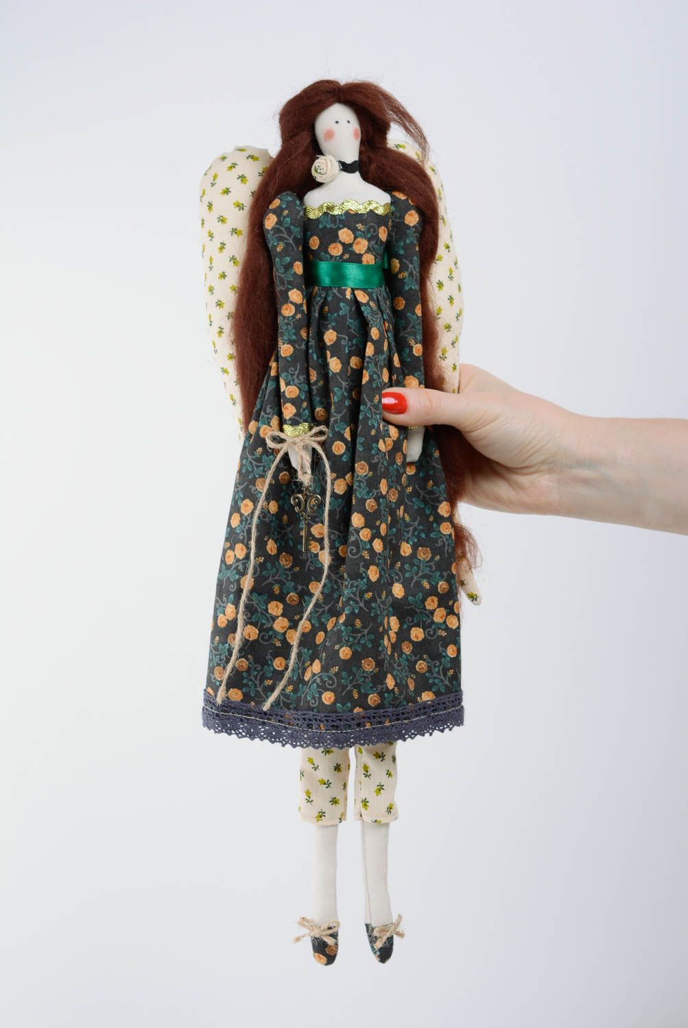 Handmade fabric doll with long hair in dress with wings decorative interior toy photo 3